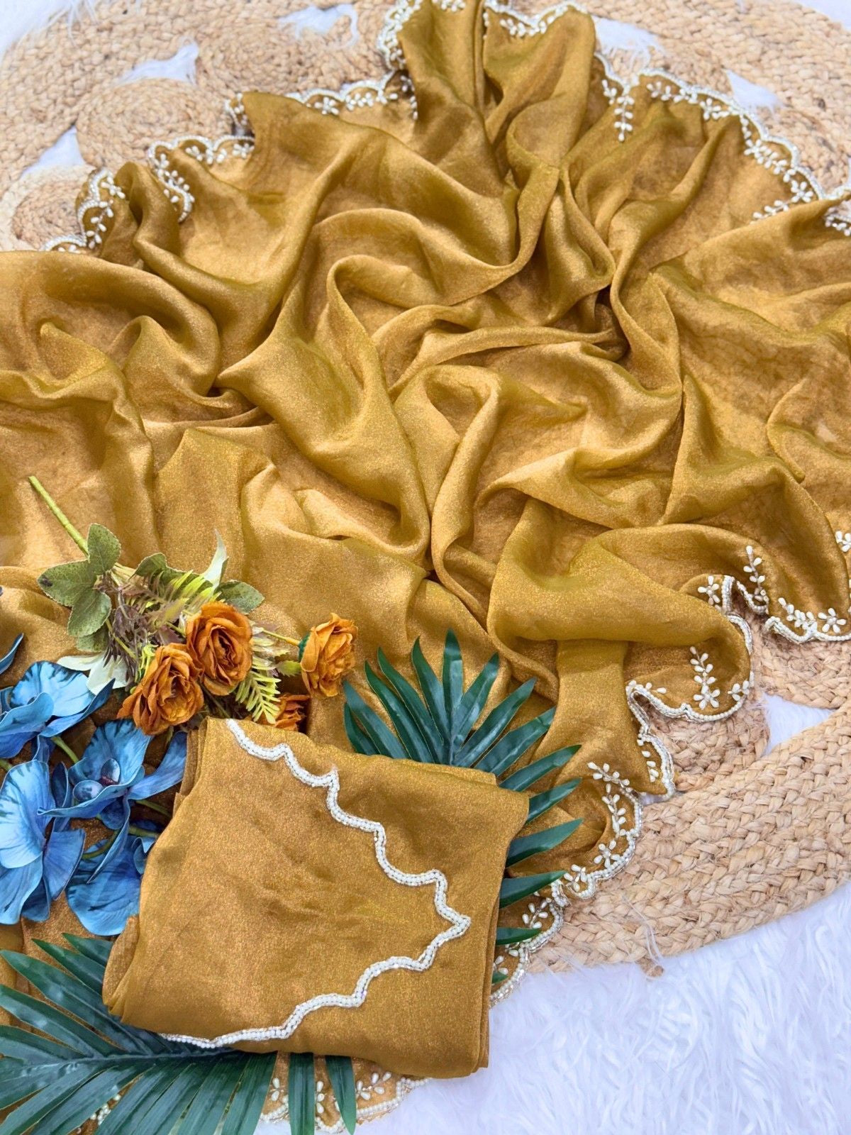 Premium NC Moss Saree with Elegant Khatli Handwork
