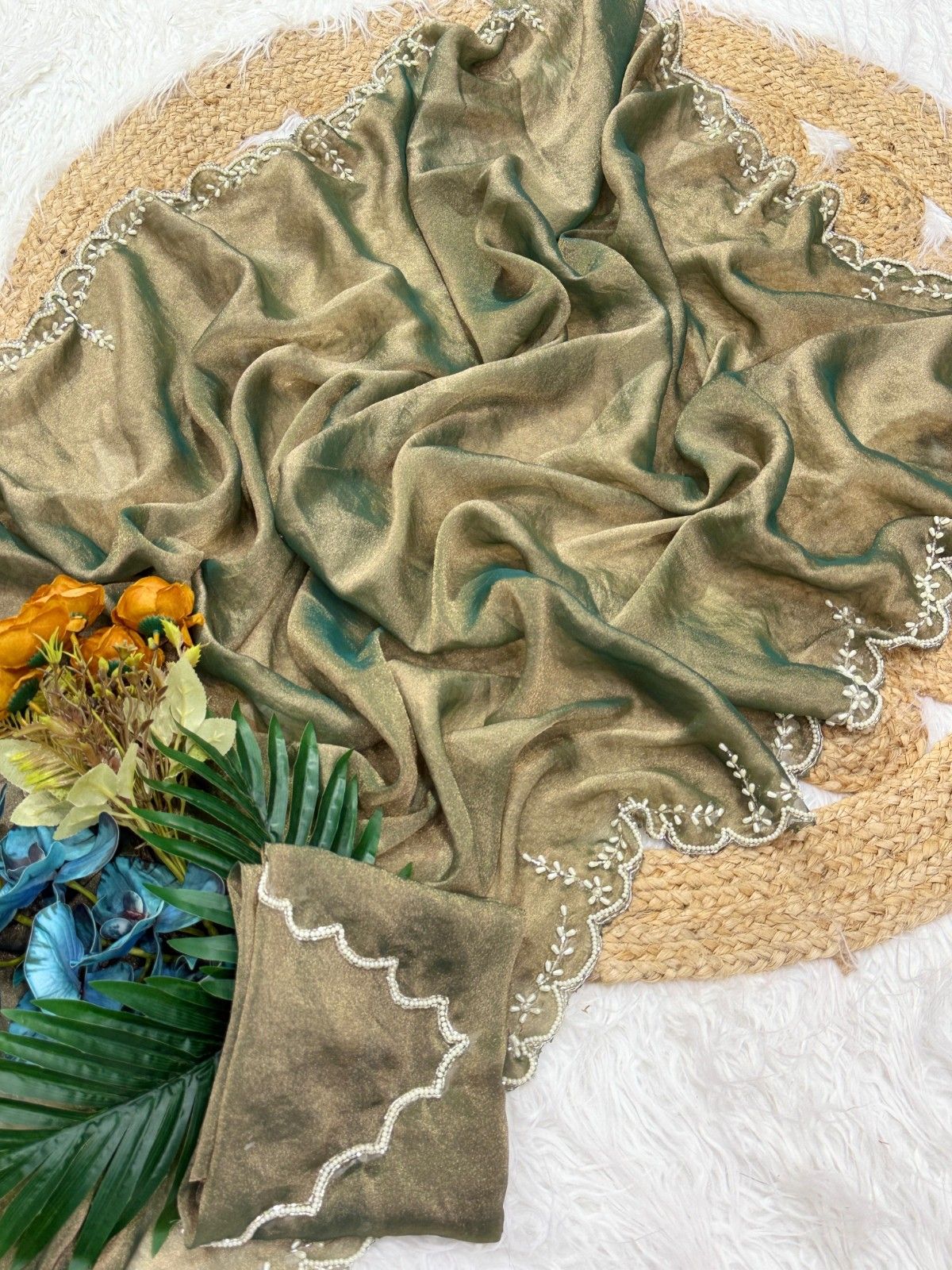 Premium NC Moss Saree with Elegant Khatli Handwork