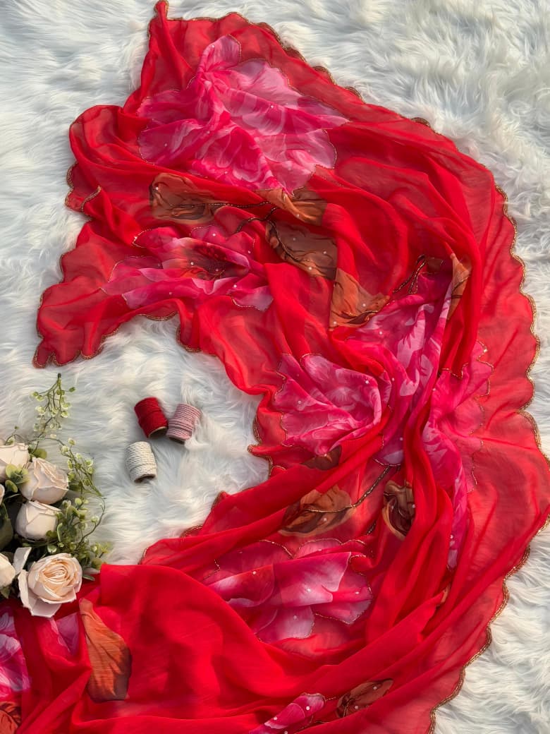 Pure Soft Alphino Chiffon Saree with Digital Print & Heavy Handwork Khatli