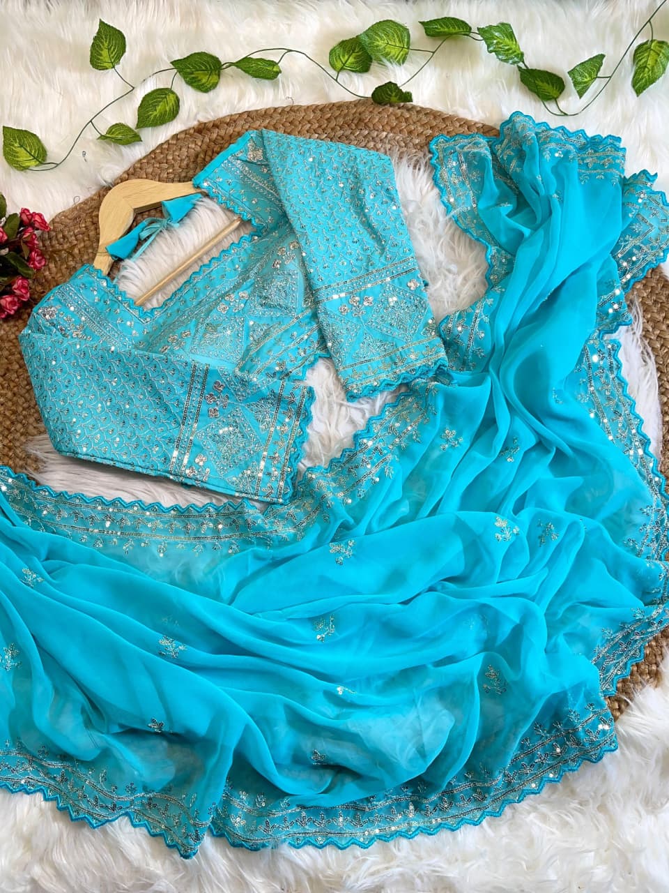 Pure Soft Fox Georgette Saree with Embroidery Sequence Border & All Over Buttis