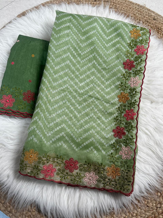 Cotton Satin Saree with Embroidered Work Zari Border & Bandhej Print