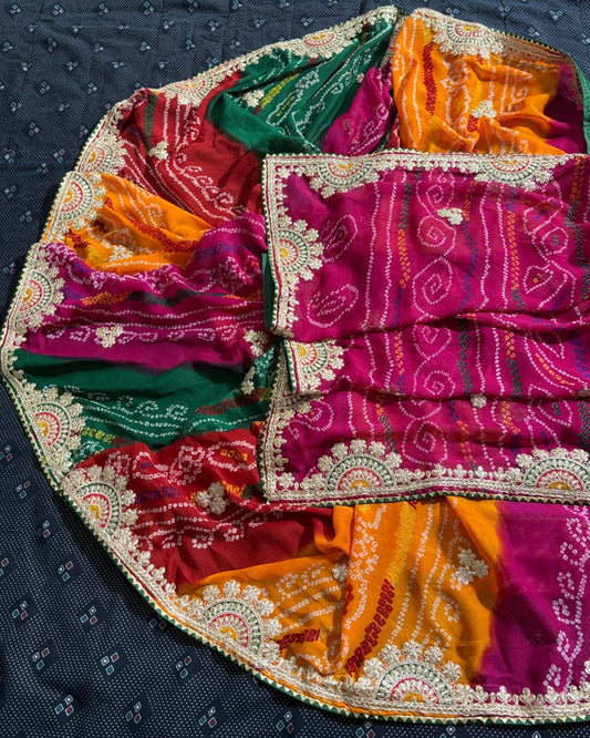 Jaipuri Bandhej Saree with Original Gotta Patti Work