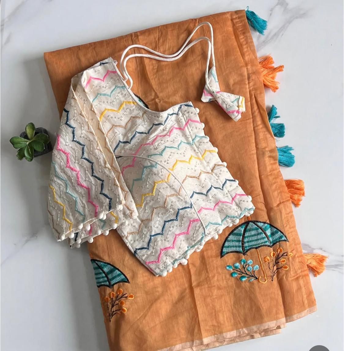 Premium Chanderi Saree with All-Over Umbrella Embroidery Work