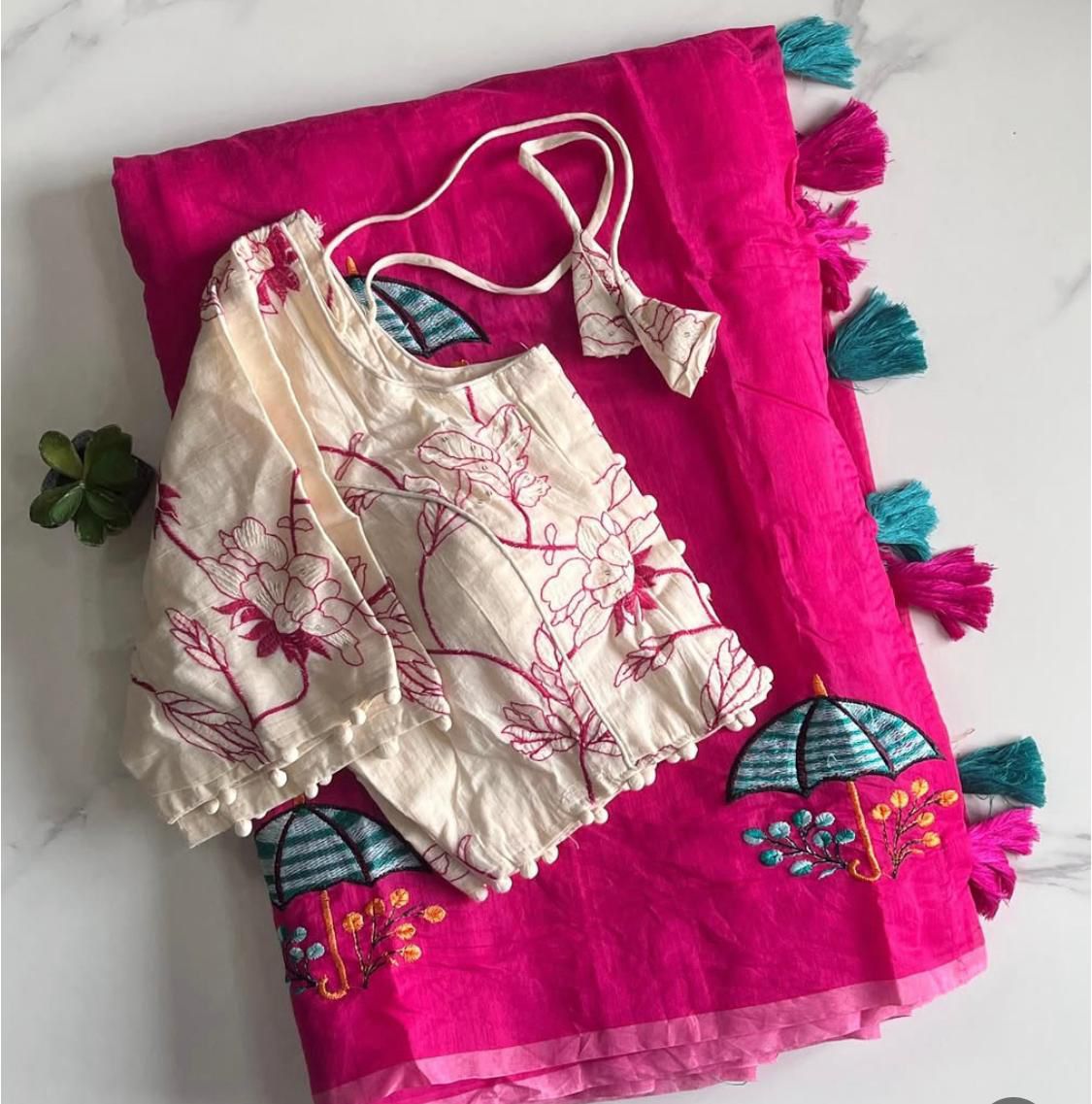 Premium Chanderi Saree with All-Over Umbrella Embroidery Work