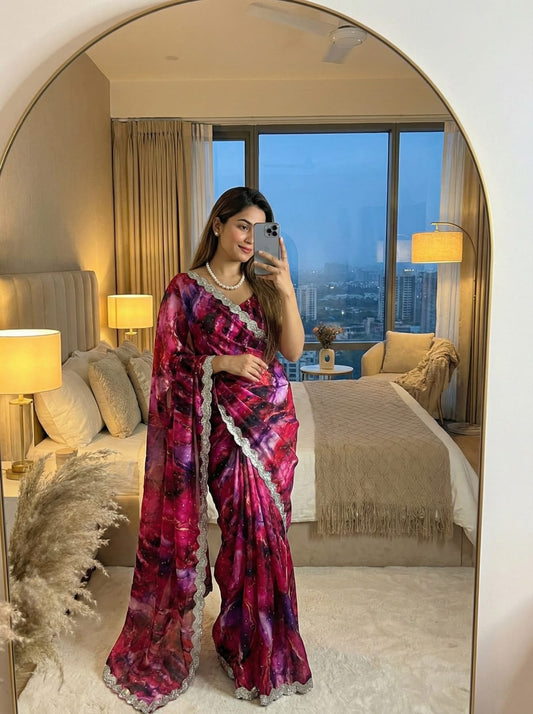 Premium Prism Print Zimmy Choo Silk Saree with Heavy All-Over JharKhand Work