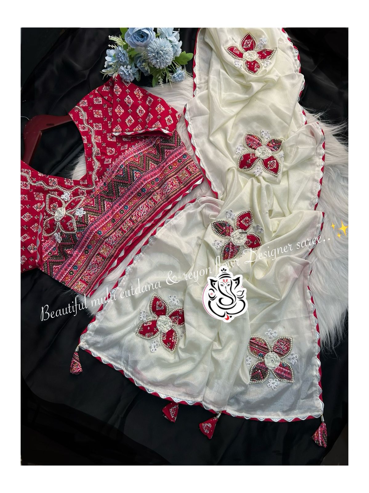 Multi Cutdana, Moti & Diamond Rayon Flower Butta Designer Saree with Gota Piping Border