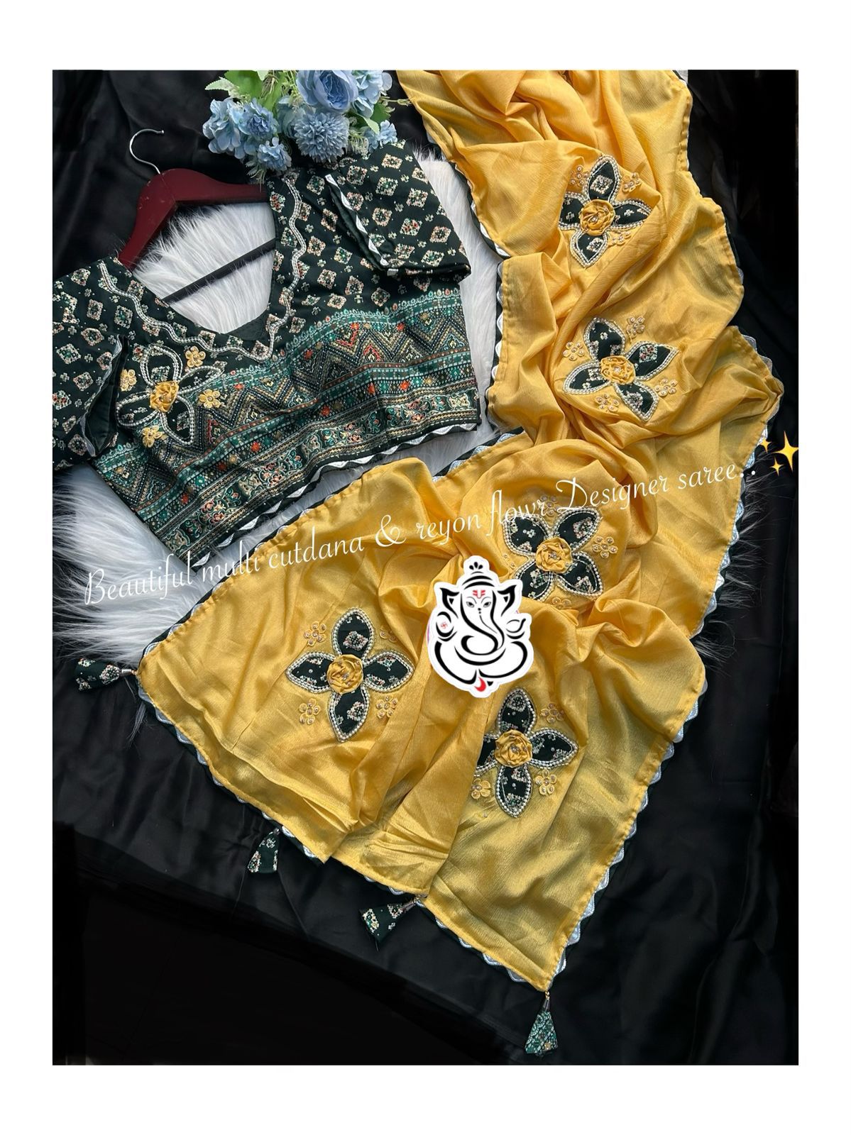 Multi Cutdana, Moti & Diamond Rayon Flower Butta Designer Saree with Gota Piping Border