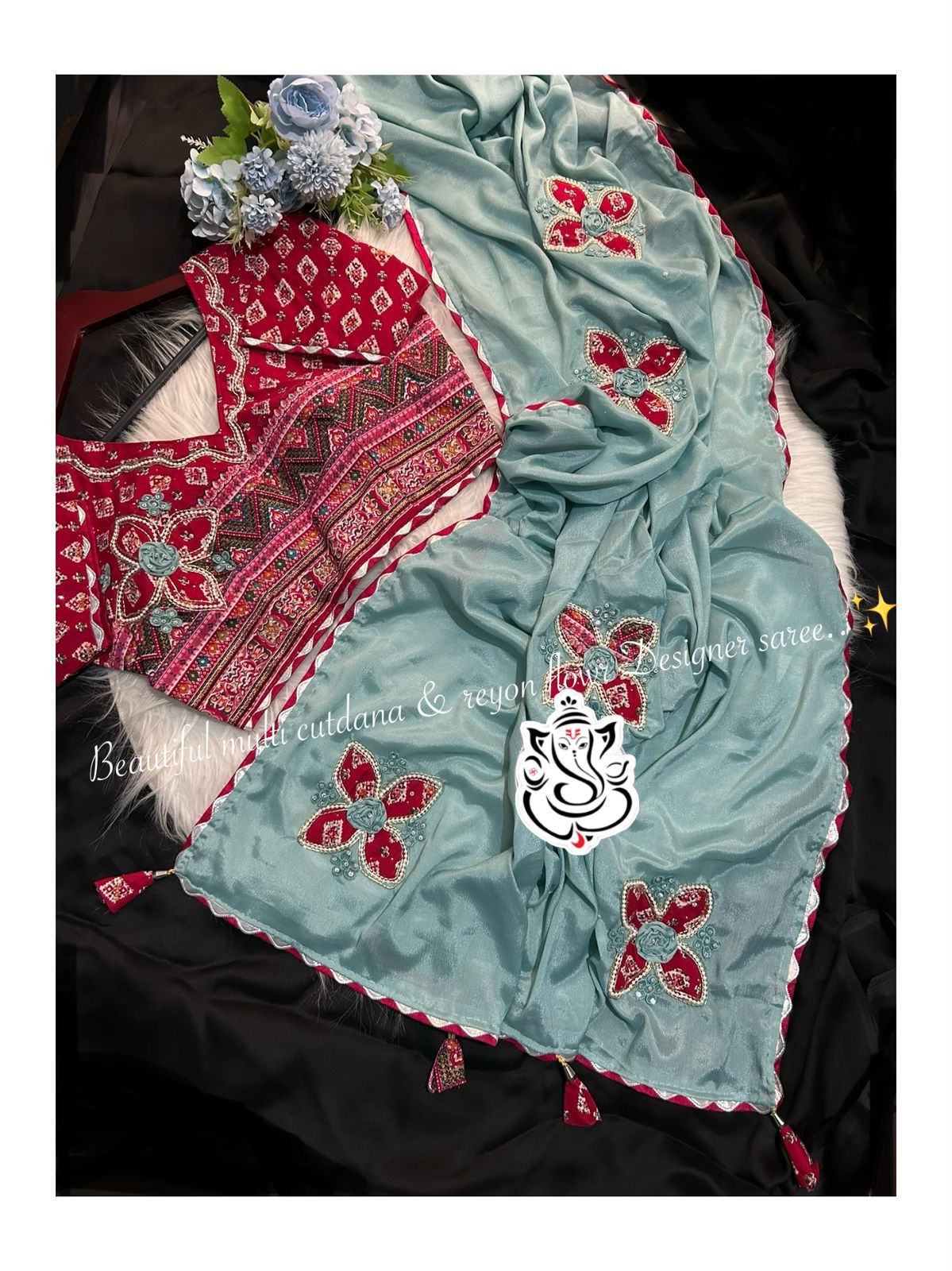 Multi Cutdana, Moti & Diamond Rayon Flower Butta Designer Saree with Gota Piping Border