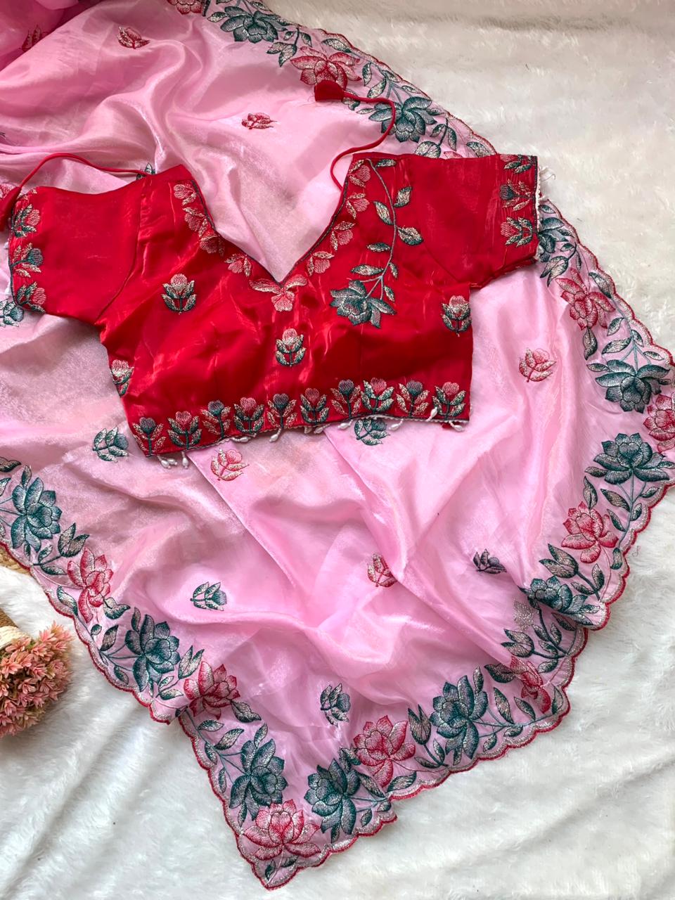 Soft & Rich Fendy Satin Saree with Heavy Embroidery Border & All-Over Work Buttis