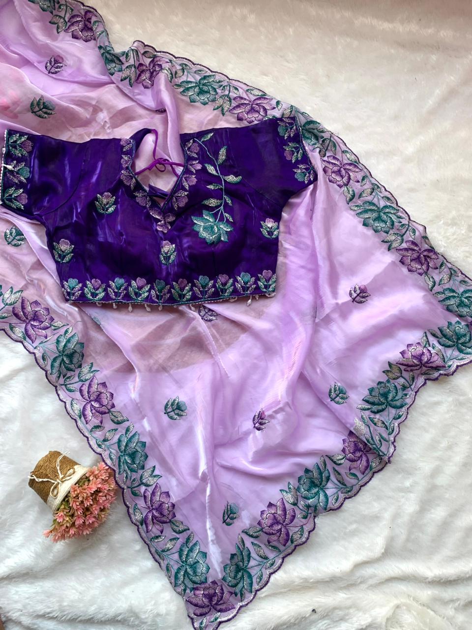 Soft & Rich Fendy Satin Saree with Heavy Embroidery Border & All-Over Work Buttis