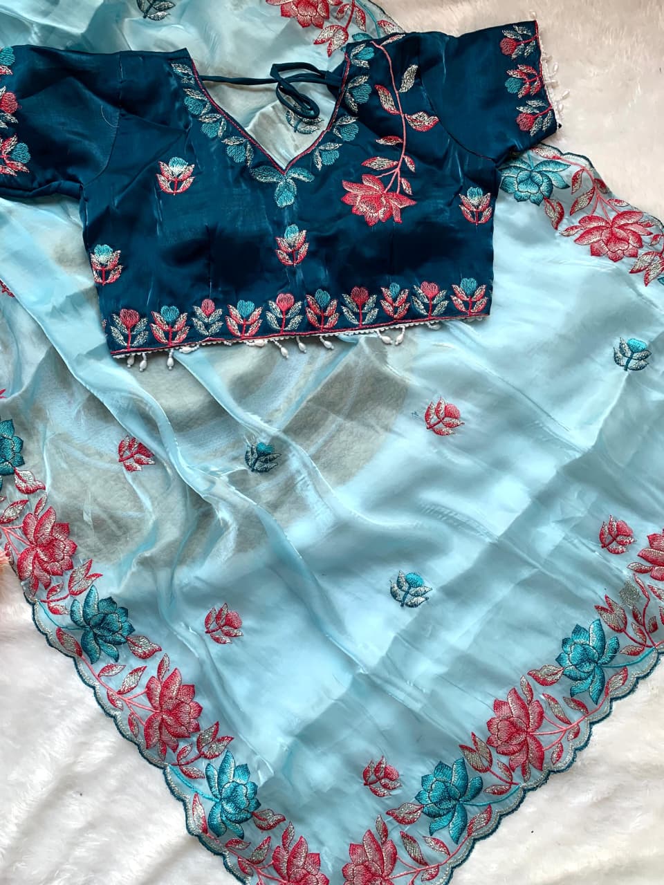 Soft & Rich Fendy Satin Saree with Heavy Embroidery Border & All-Over Work Buttis
