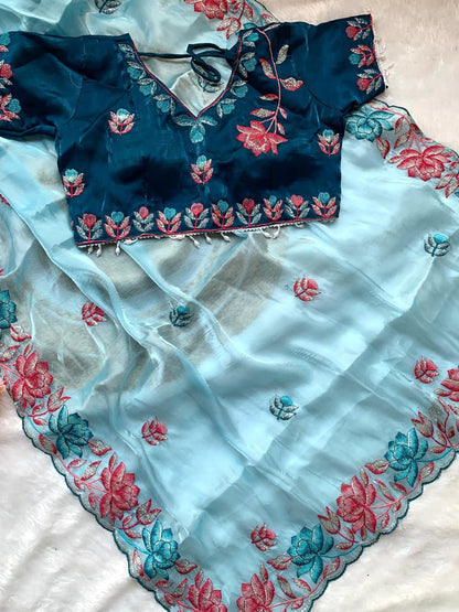 Soft & Rich Fendy Satin Saree with Heavy Embroidery Border & All-Over Work Buttis