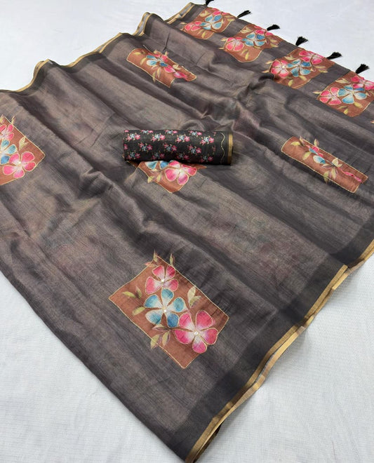 Premium Erode Silk Saree with Digital Print & Beautiful Aari Work