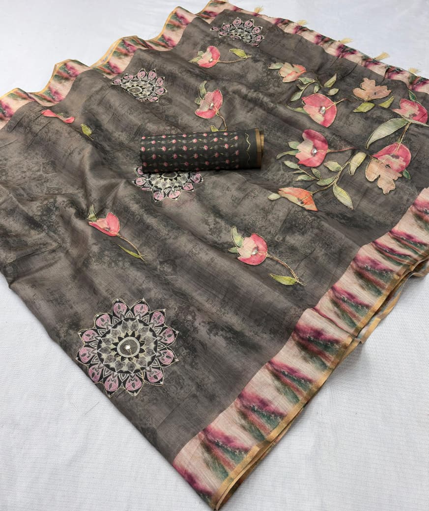 Premium Erode Silk Saree with Digital Print & Beautiful Aari Work