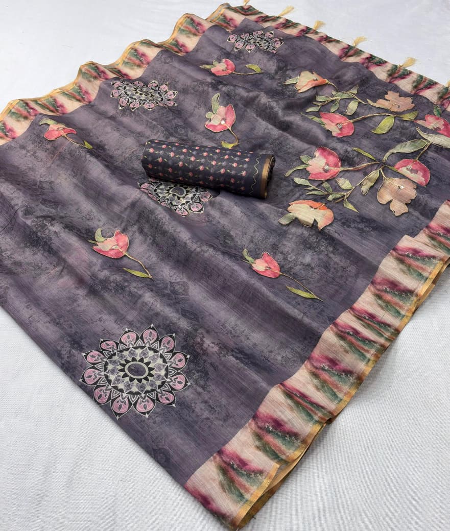 Premium Erode Silk Saree with Digital Print & Beautiful Aari Work