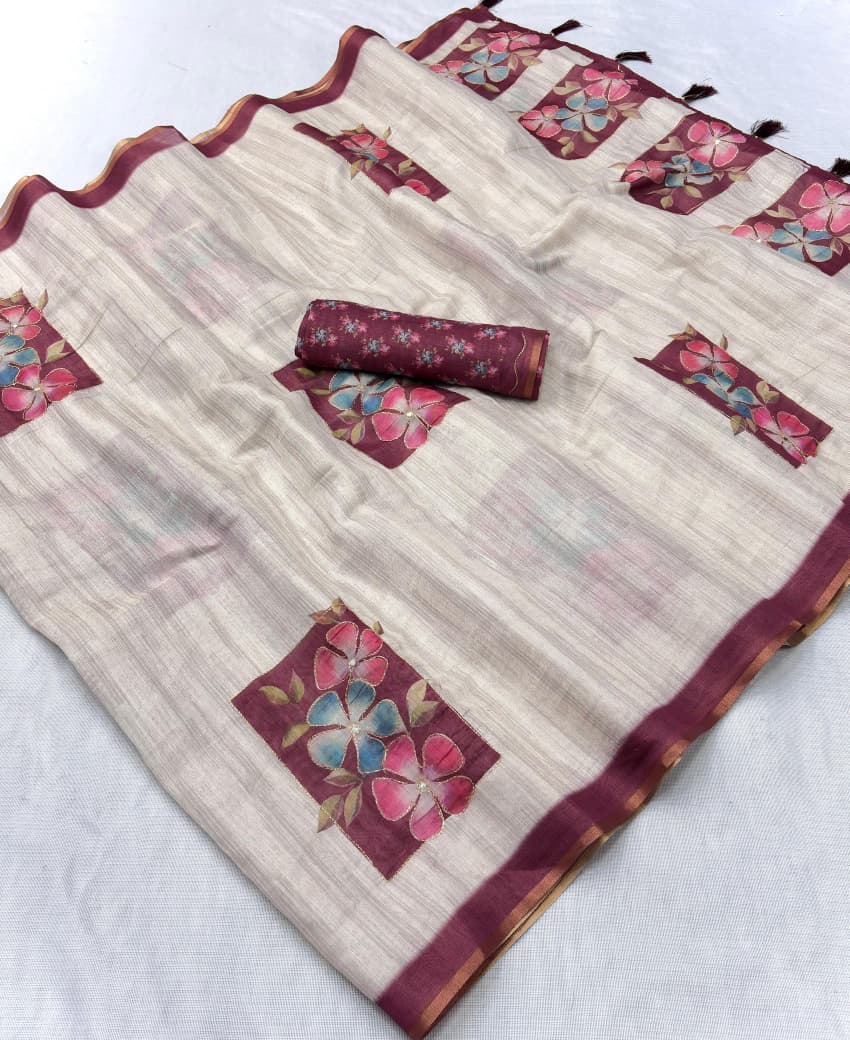 Premium Erode Silk Saree with Digital Print & Beautiful Aari Work