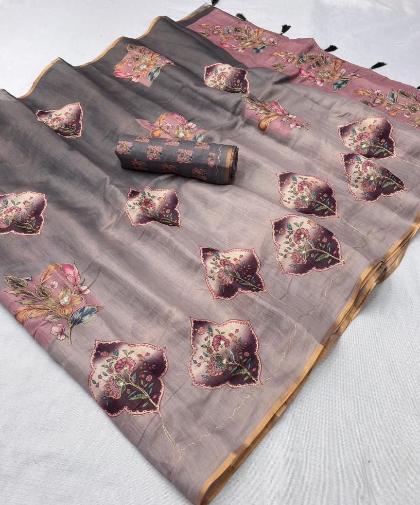 Premium Erode Silk Saree with Digital Print & Beautiful Aari Work