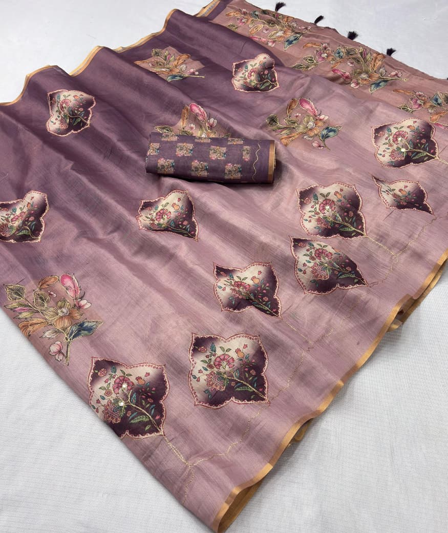 Premium Erode Silk Saree with Digital Print & Beautiful Aari Work