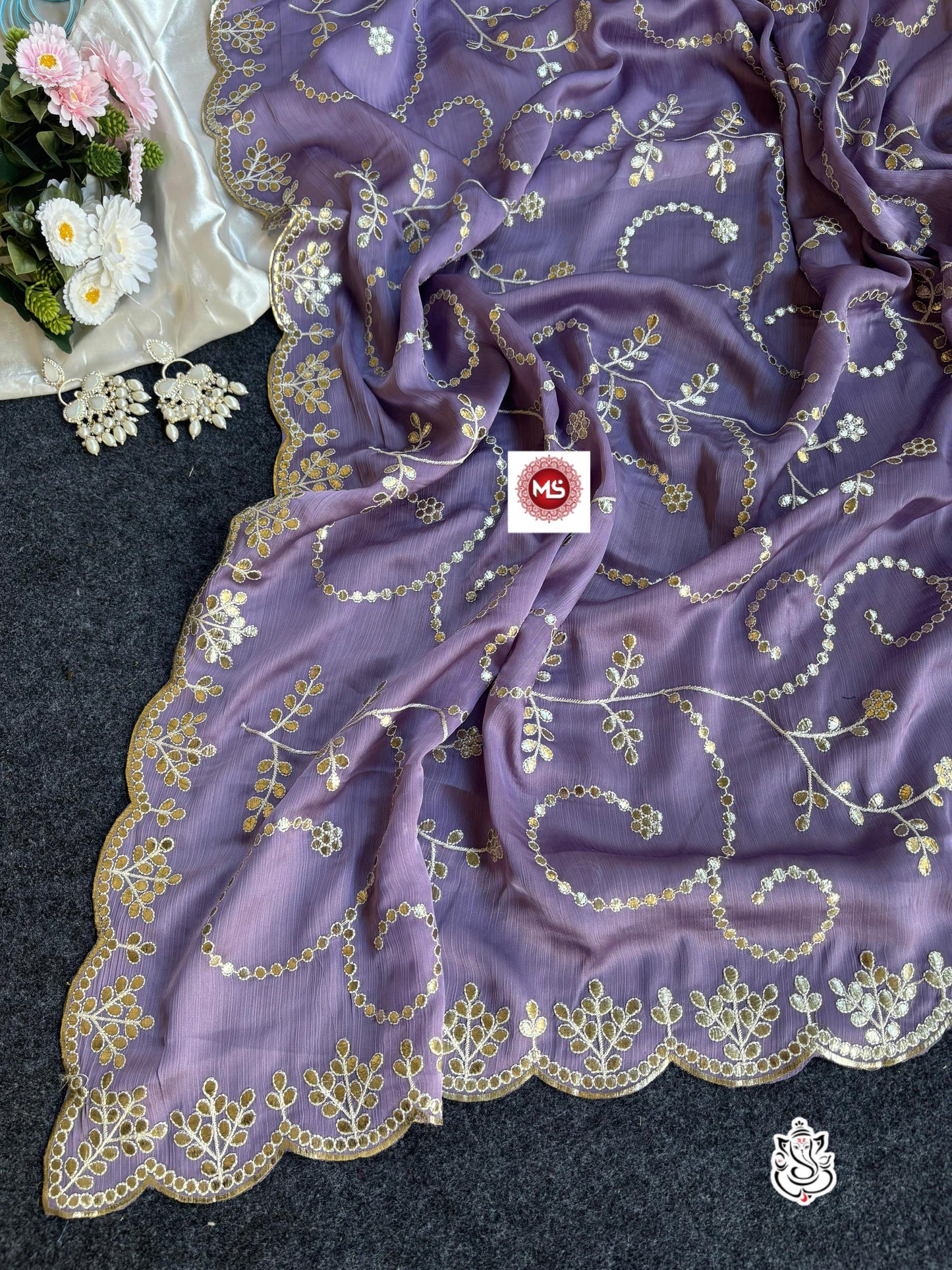 Soft Shine Bell Satin Silk Saree Heavy C-Pallu Gotapatti Foil Work