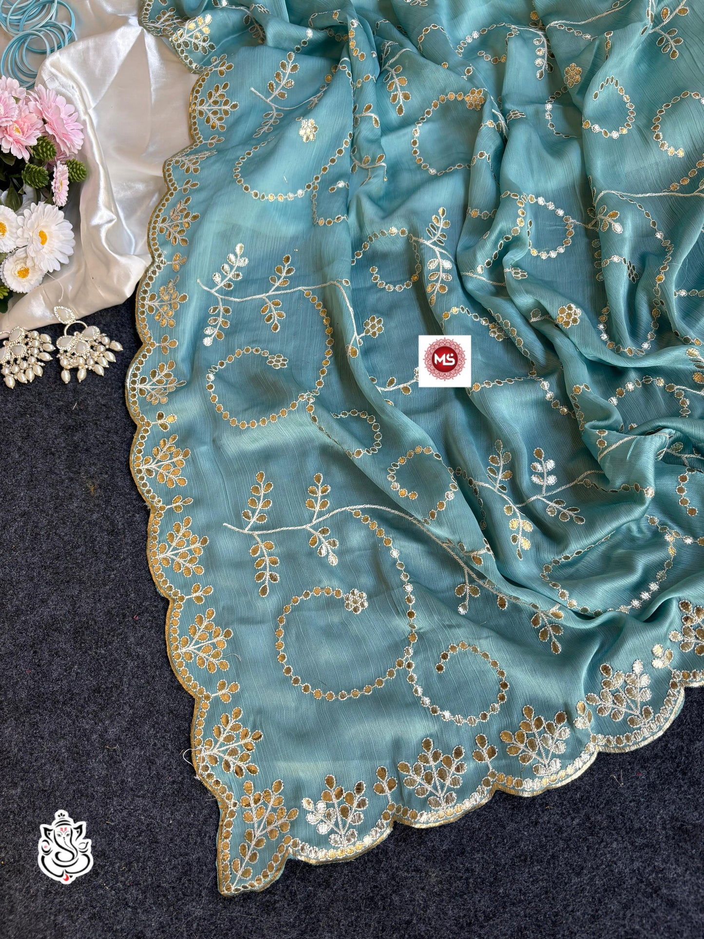 Soft Shine Bell Satin Silk Saree Heavy C-Pallu Gotapatti Foil Work