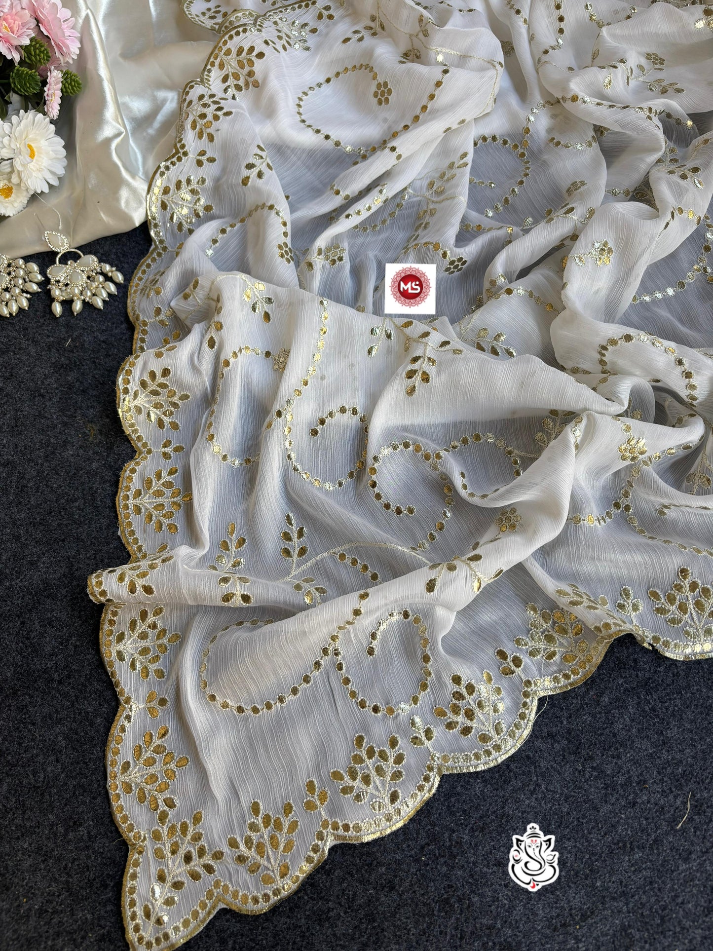 Soft Shine Bell Satin Silk Saree Heavy C-Pallu Gotapatti Foil Work