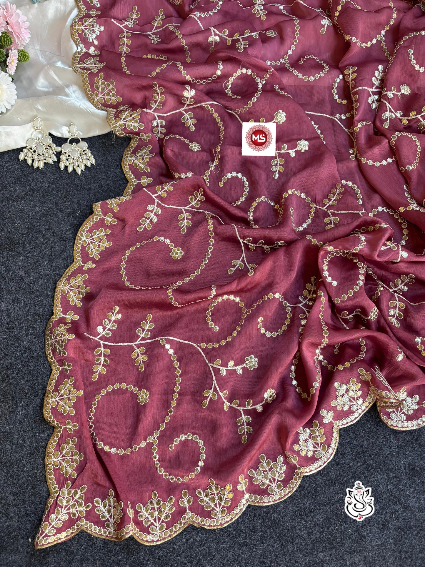 Soft Shine Bell Satin Silk Saree Heavy C-Pallu Gotapatti Foil Work