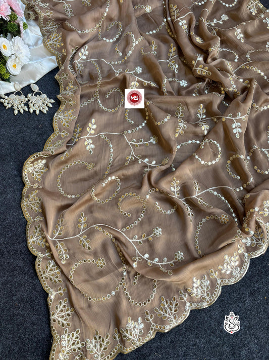 Soft Shine Bell Satin Silk Saree Heavy C-Pallu Gotapatti Foil Work