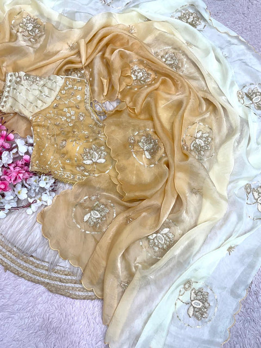 Fandy Satin Paiding Saree with Beautiful Khatli Butti Work & All-Over Arco Border