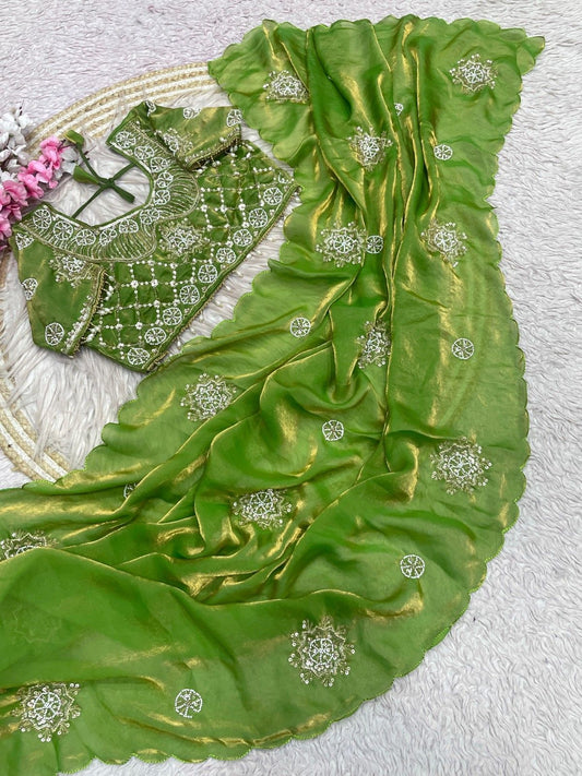 Fandy Satin Saree with Khatli Butti Work & All-Over Arco Border