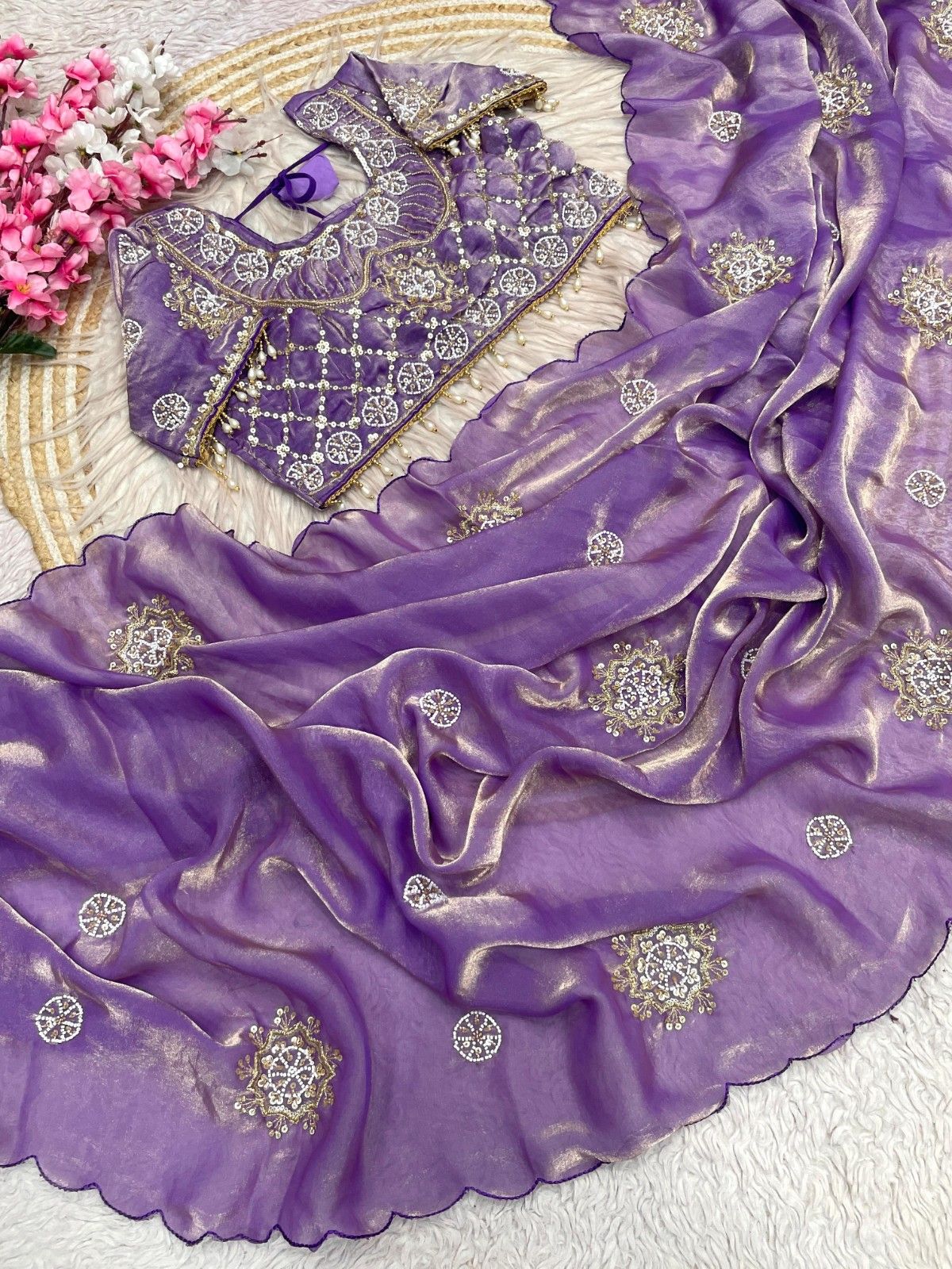 Fandy Satin Saree with Khatli Butti Work & All-Over Arco Border