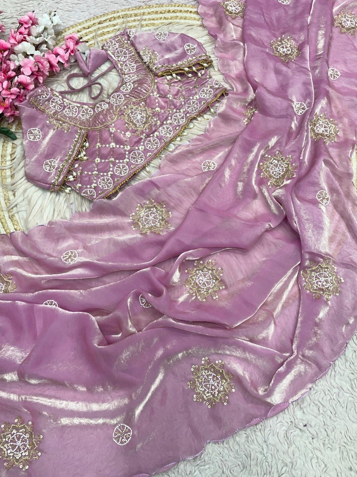 Fandy Satin Saree with Khatli Butti Work & All-Over Arco Border