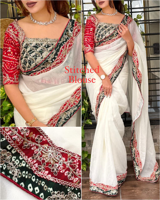 Luxury Bandhej Twist Saree in NC Satin with Cotton Stitched Blouse