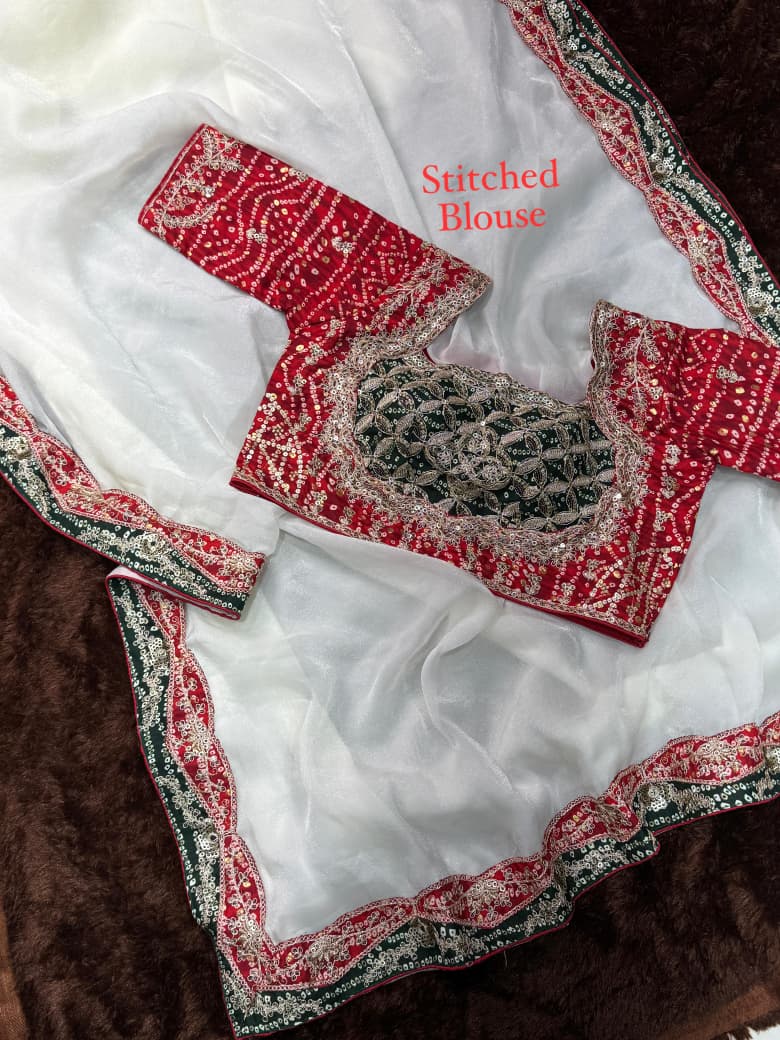 Luxury Bandhej Twist Saree in NC Satin with Cotton Stitched Blouse