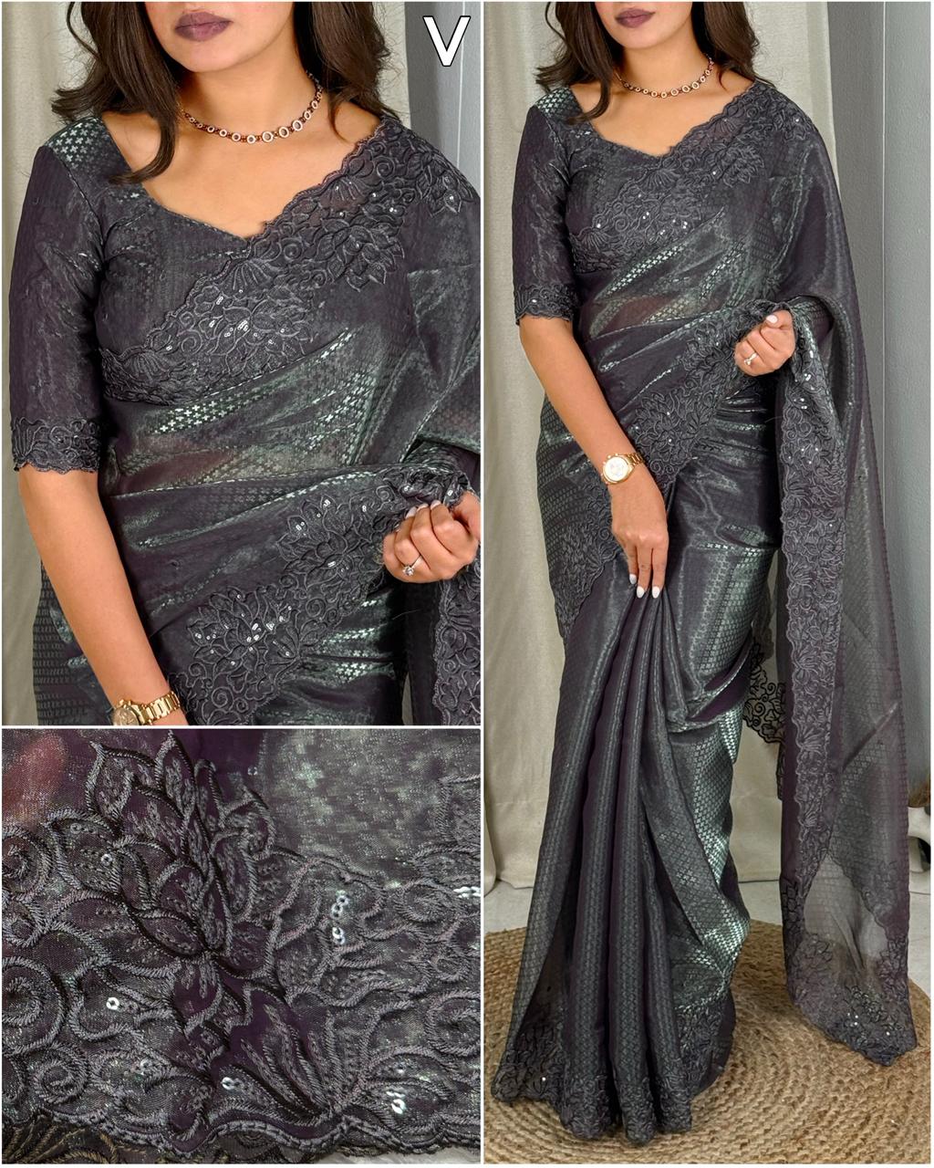 Luxury Glass Satin Saree with Sequin & Thread Embroidery Jacquard Weaving