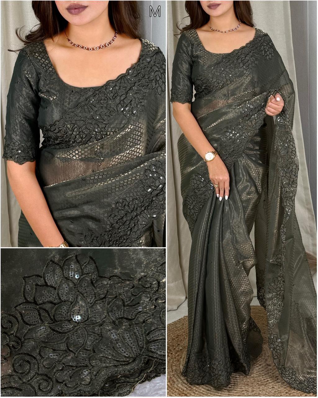 Luxury Glass Satin Saree with Sequin & Thread Embroidery Jacquard Weaving
