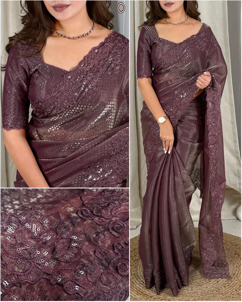 Luxury Glass Satin Saree with Sequin & Thread Embroidery Jacquard Weaving
