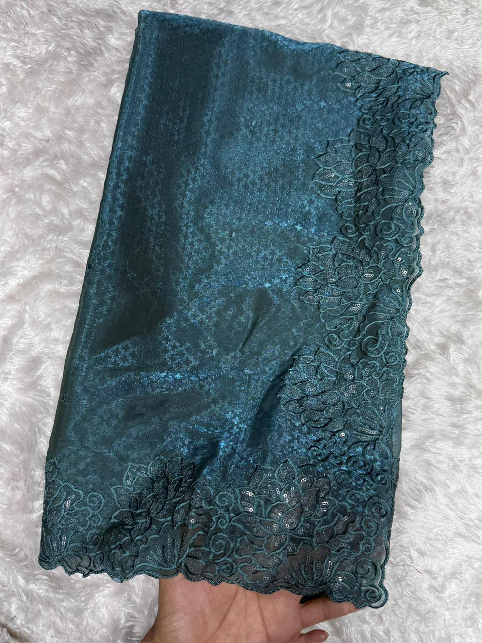 Luxury Glass Satin Saree with Sequin & Thread Embroidery Jacquard Weaving