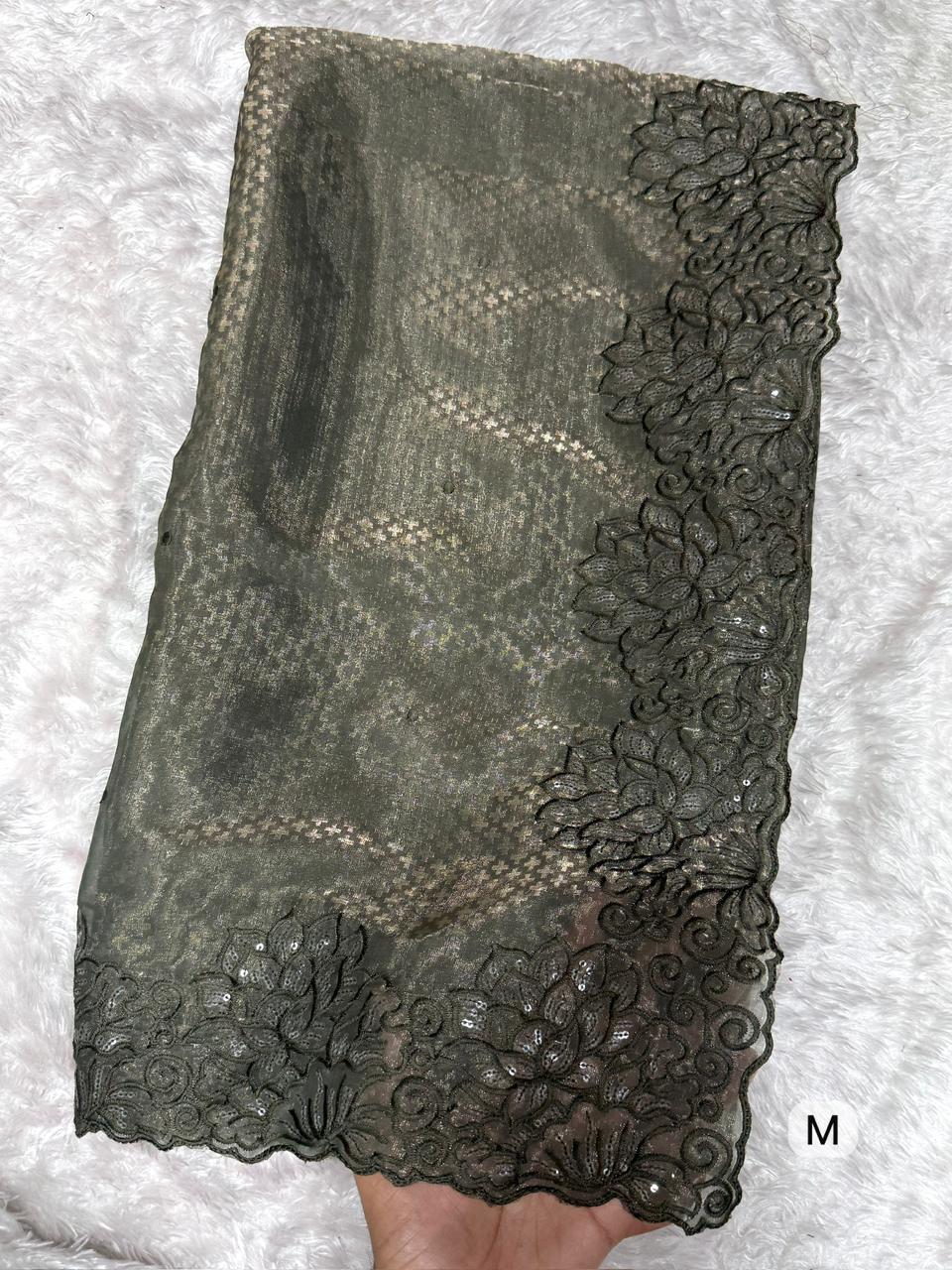 Luxury Glass Satin Saree with Sequin & Thread Embroidery Jacquard Weaving