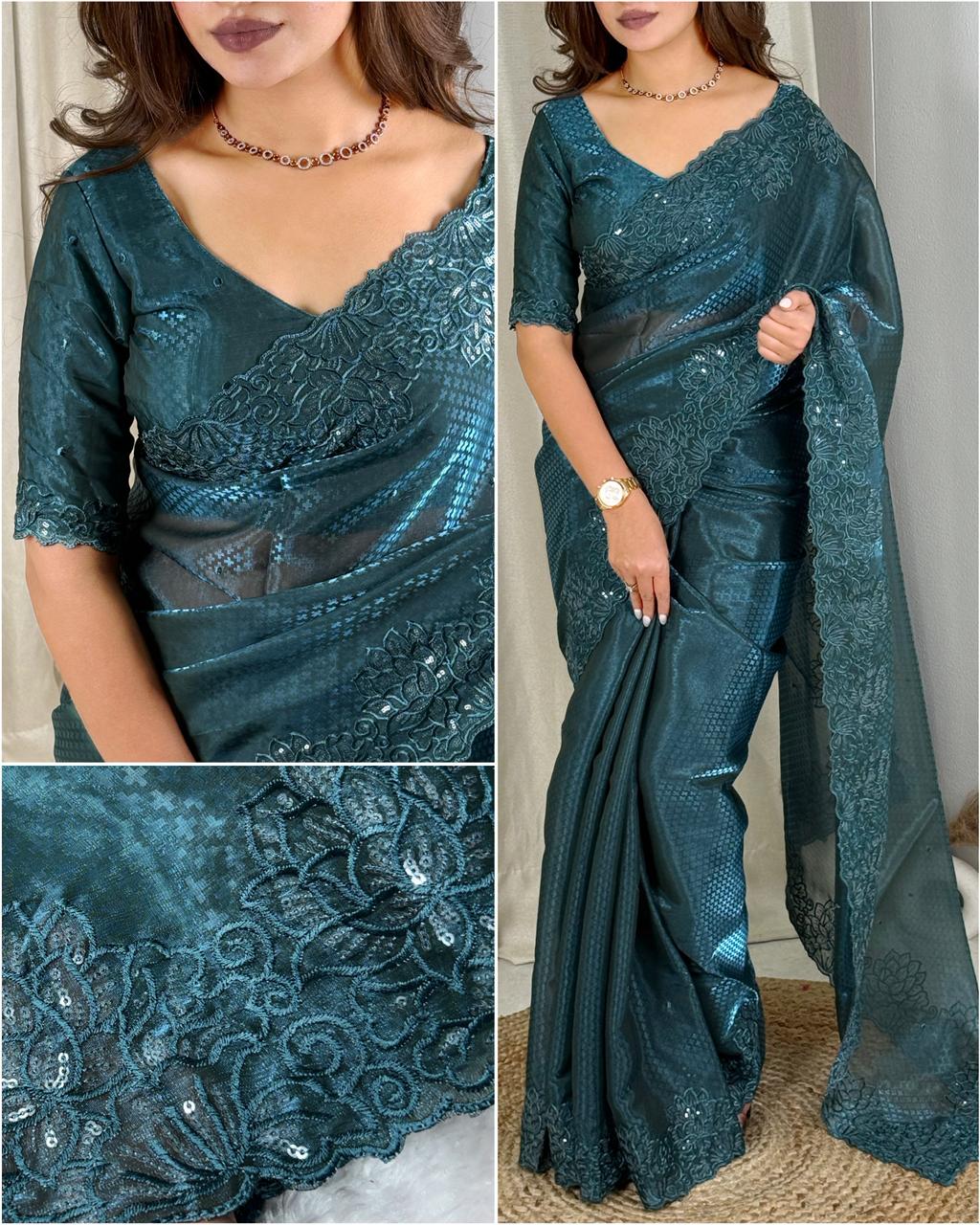Luxury Glass Satin Saree with Sequin & Thread Embroidery Jacquard Weaving