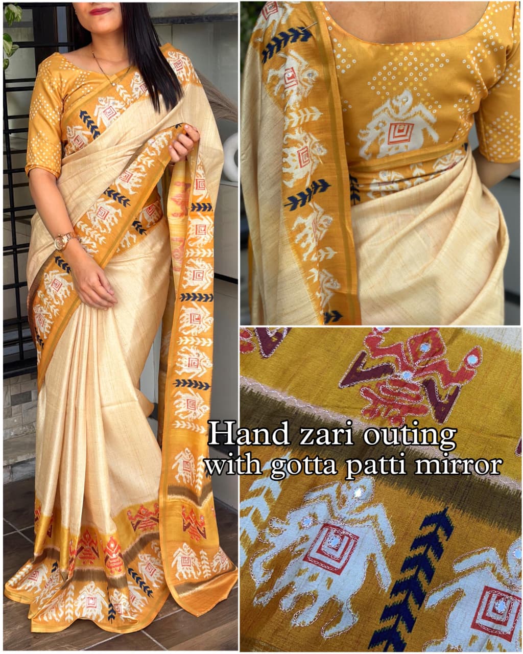 Premium Tusser Cotton Silk Saree with Digital Print Hand Zari Khata Work
