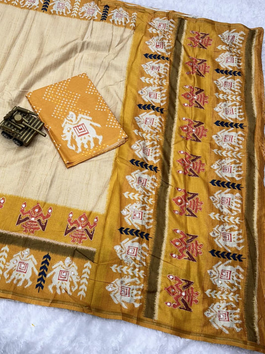 Premium Tusser Cotton Silk Saree with Digital Print Hand Zari Khata Work