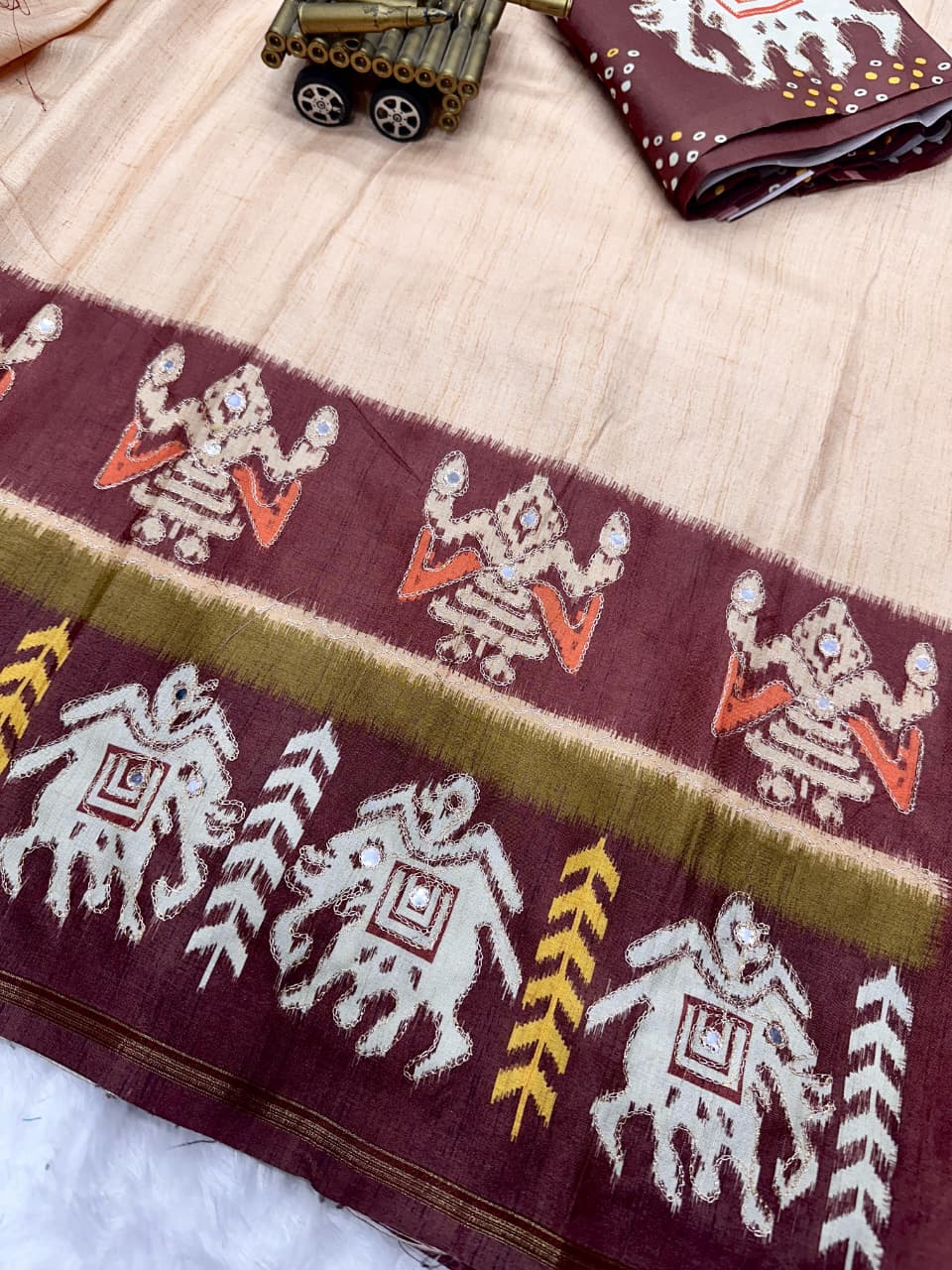 Premium Tusser Cotton Silk Saree with Digital Print Hand Zari Khata Work