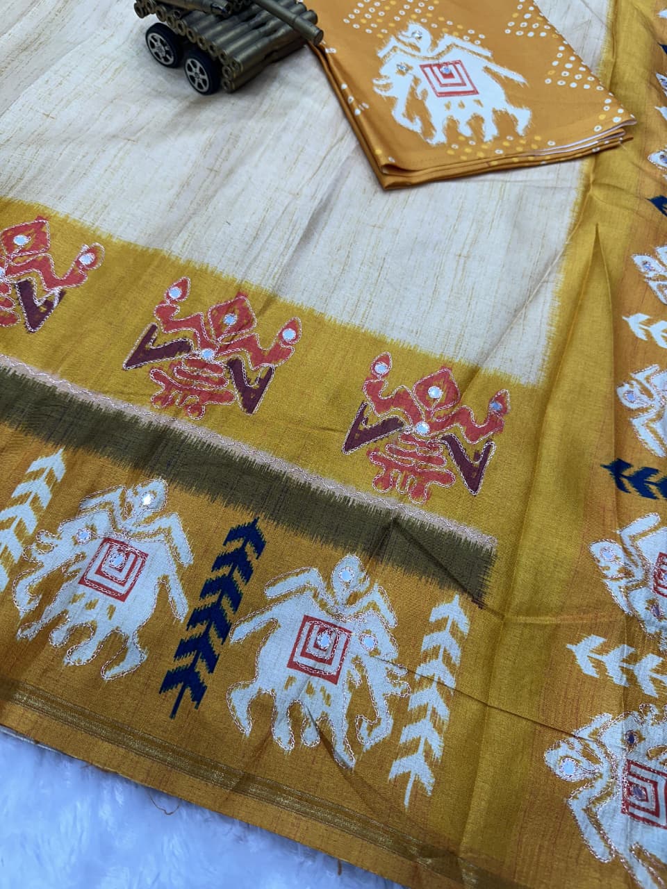 Premium Tusser Cotton Silk Saree with Digital Print Hand Zari Khata Work