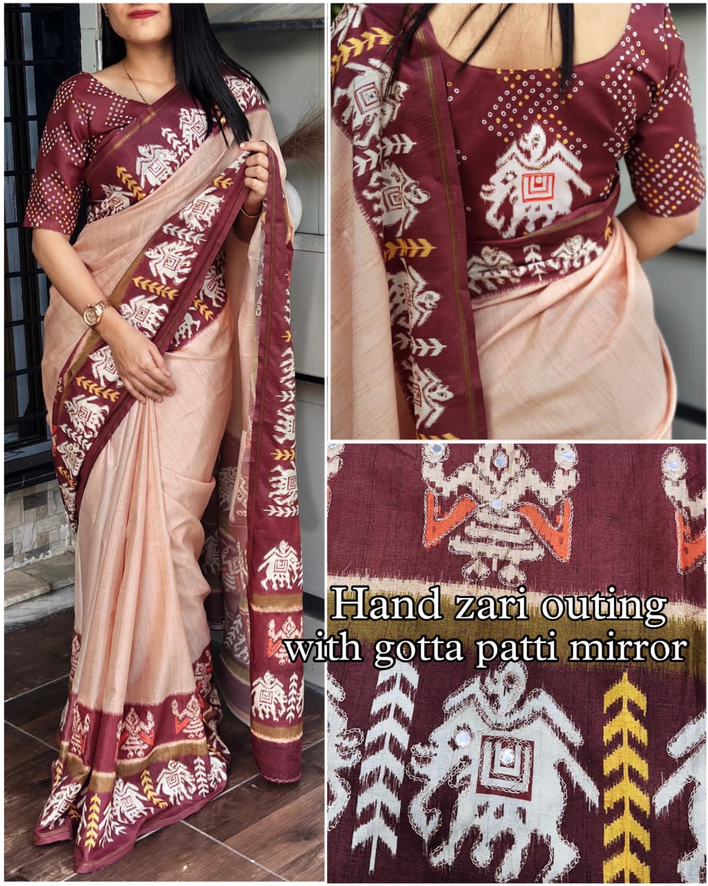 Premium Tusser Cotton Silk Saree with Digital Print Hand Zari Khata Work