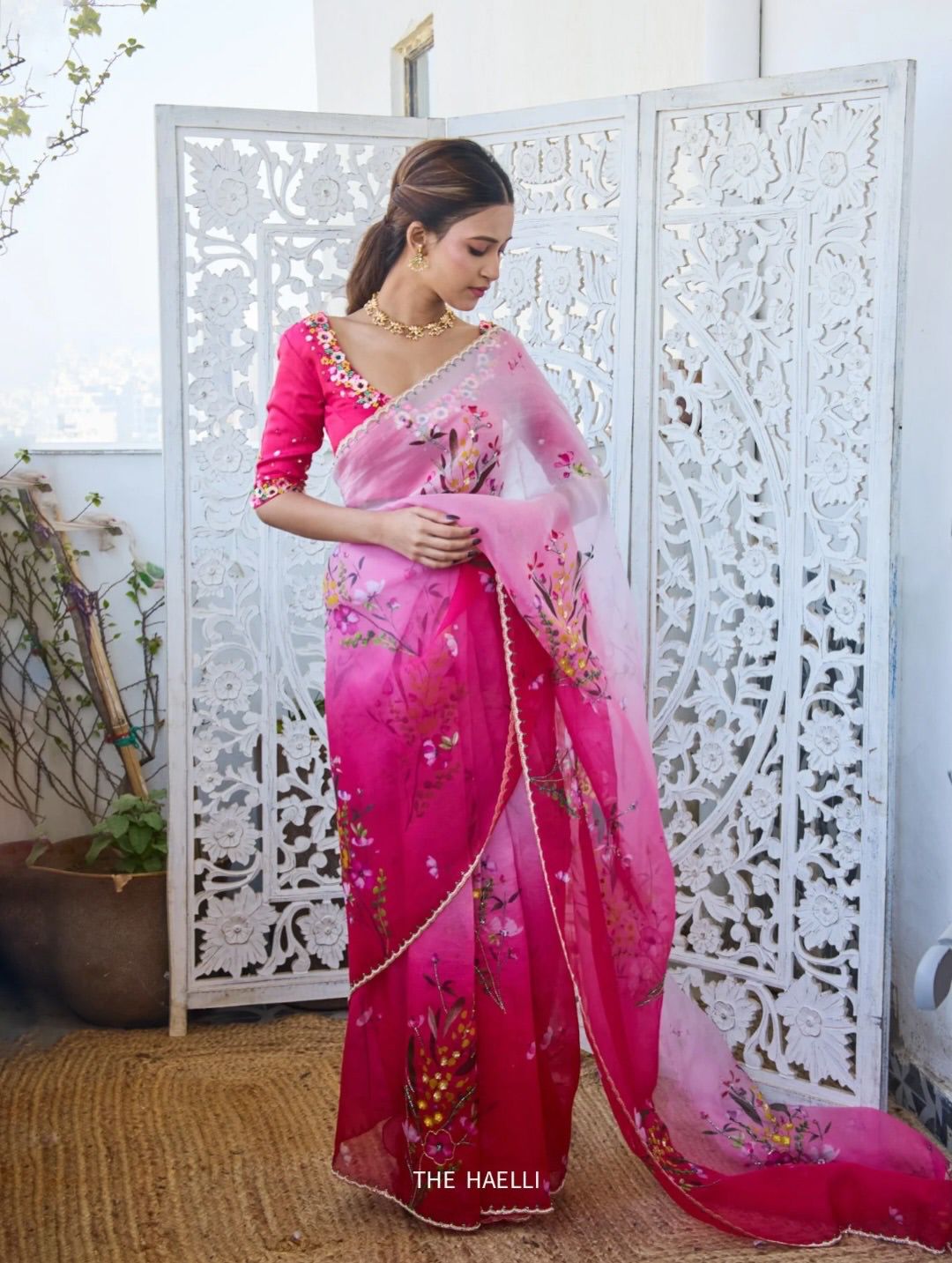 Soft Tebby Silk Saree with Floral Print Beads Sequins & Katdana Handwork Border