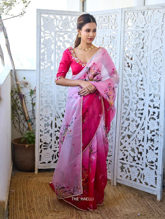 Soft Tebby Silk Saree with Floral Print Beads Sequins & Katdana Handwork Border