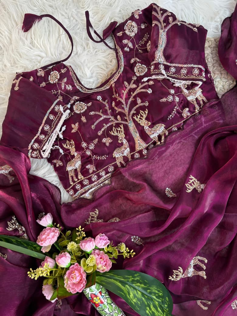 Space Silk Saree with Heavy Butta Embroidery & Beads Work Tone-to-Tone Aari Work
