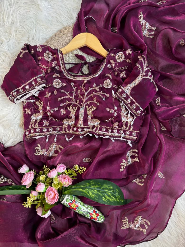 Space Silk Saree with Heavy Butta Embroidery & Beads Work Tone-to-Tone Aari Work