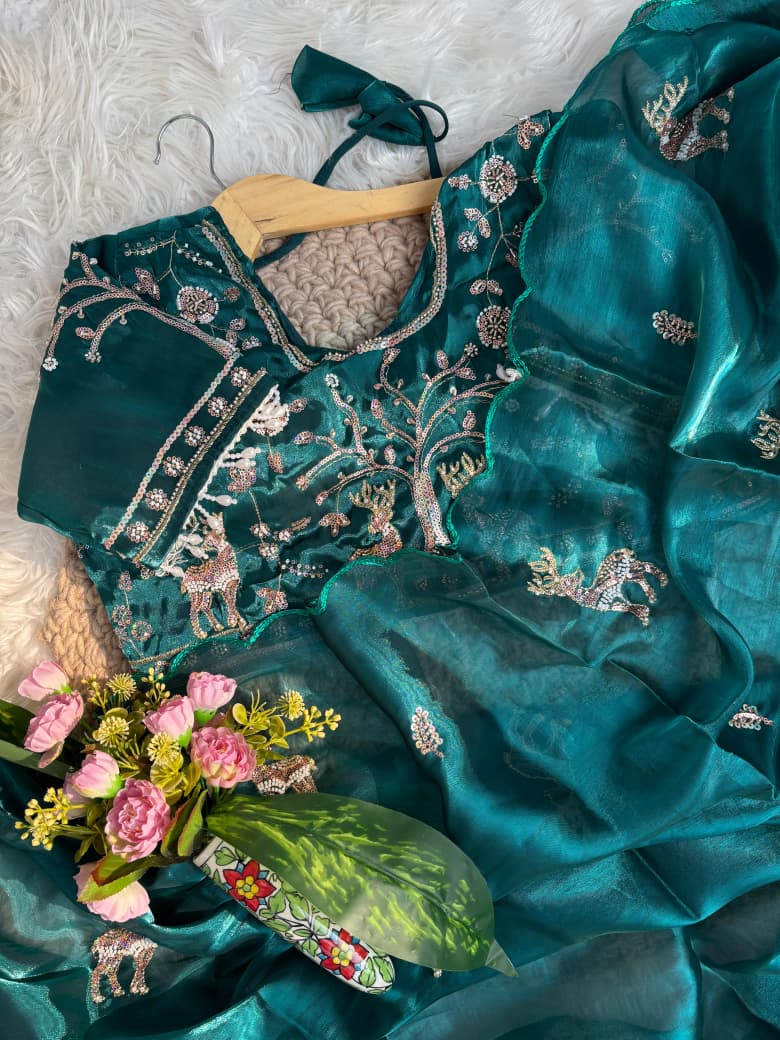 Space Silk Saree with Heavy Butta Embroidery & Beads Work Tone-to-Tone Aari Work