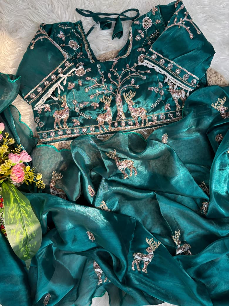 Space Silk Saree with Heavy Butta Embroidery & Beads Work Tone-to-Tone Aari Work